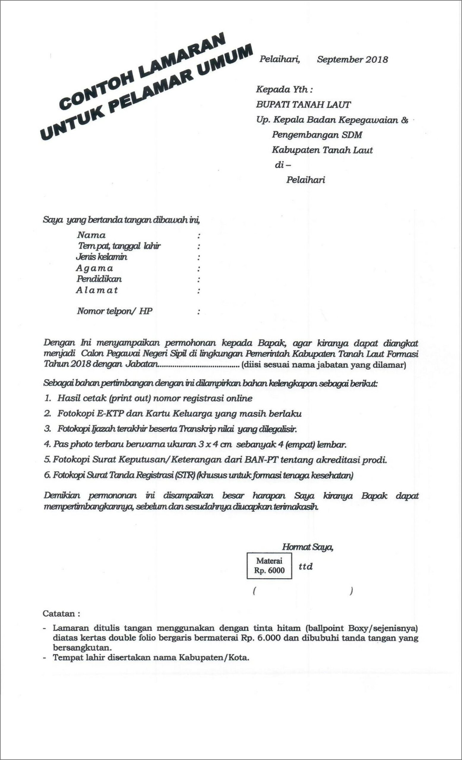 Contoh Surat Lamaran Cpns Ditulis Tangan