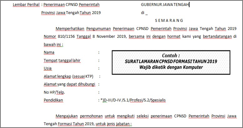 Contoh Surat Lamaran Cpns Gubernur Jateng 2019