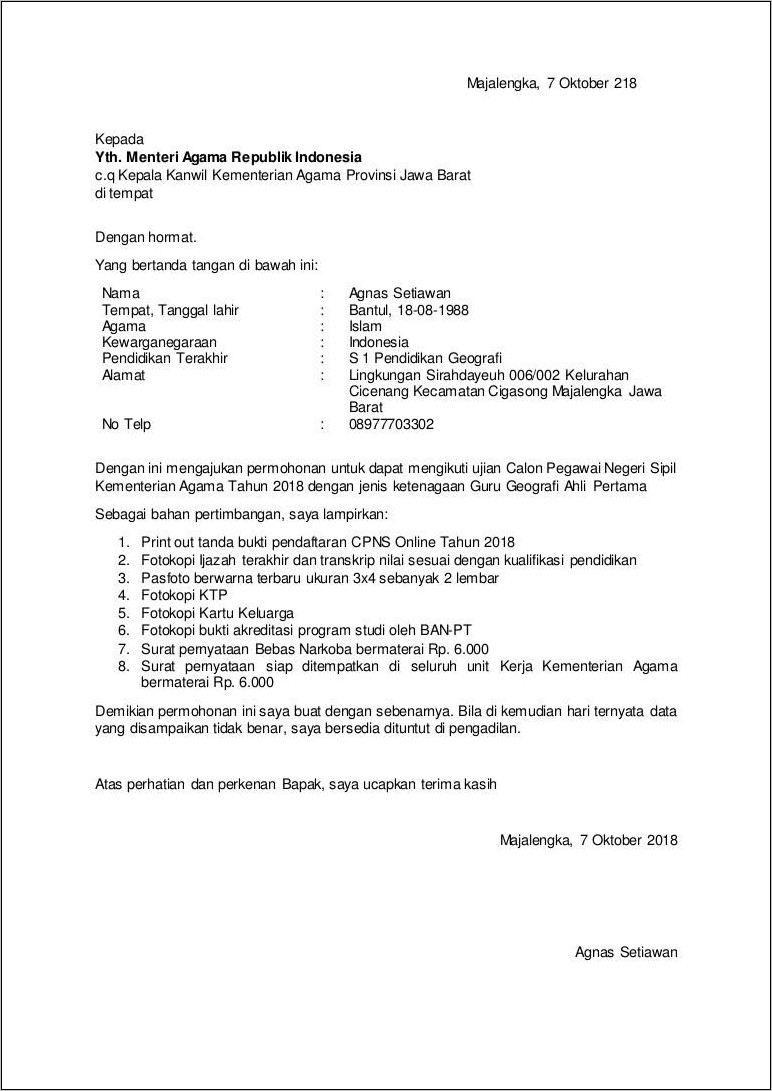 Contoh Surat Lamaran Cpns Instansi Pemerintah Jawa Tengah