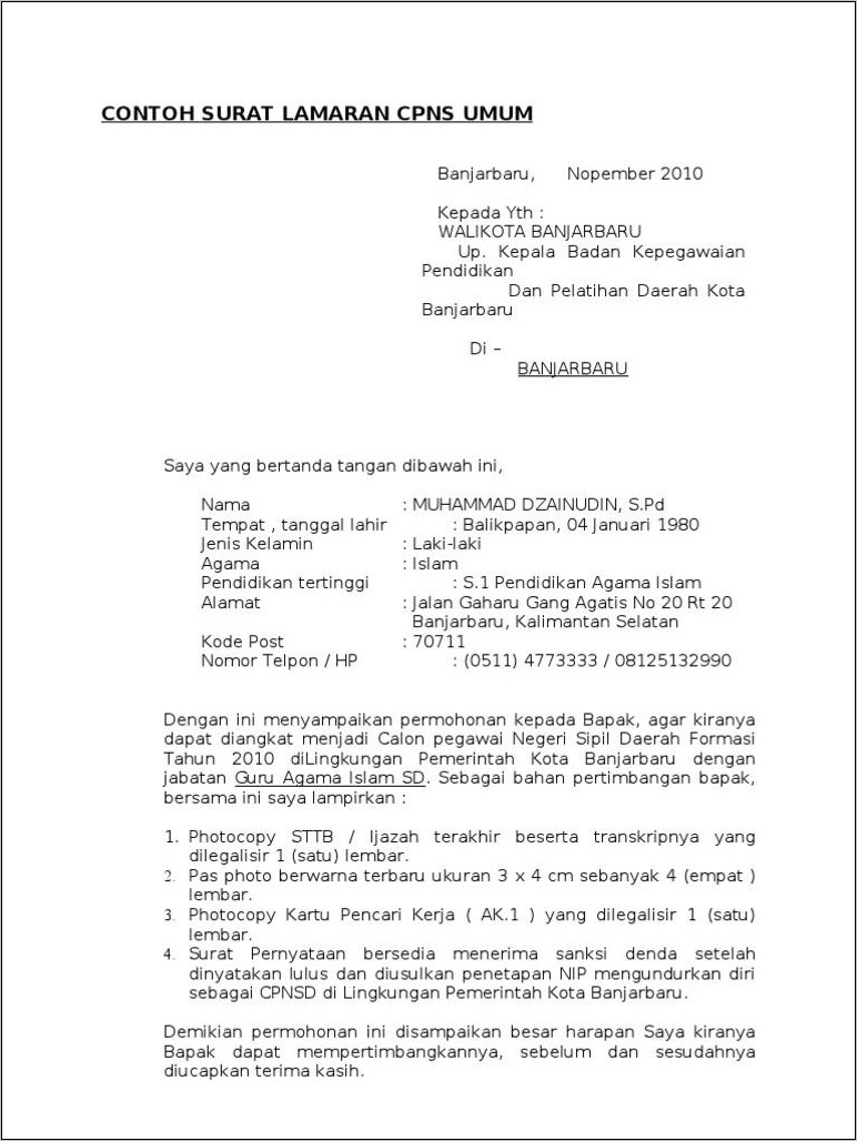 Contoh Surat Lamaran Cpns Jalur Umum