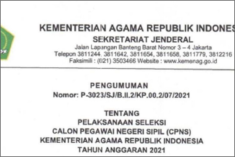 Contoh Surat Lamaran Cpns Kemenag