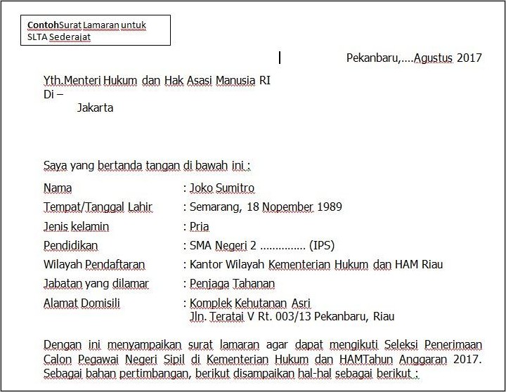 Contoh Surat Lamaran Cpns Kementerian Hukum Dan Ham