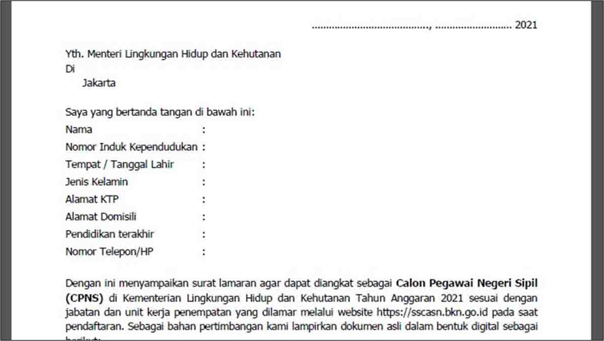 Contoh Surat Lamaran Daftar Cpns