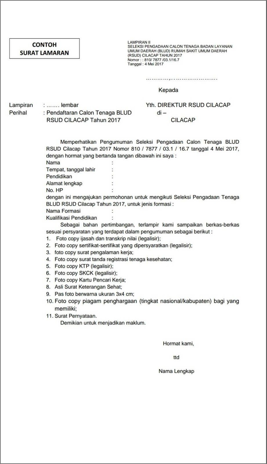 Contoh Surat Lamaran Di Rumah Sakit