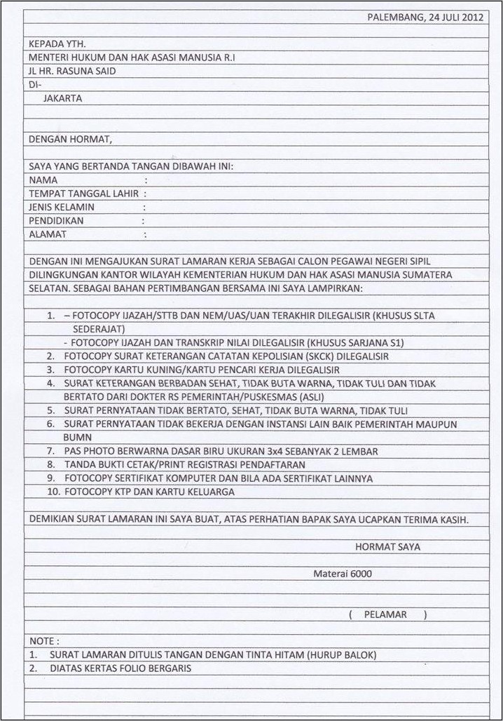 Contoh Surat Lamaran Ditulis