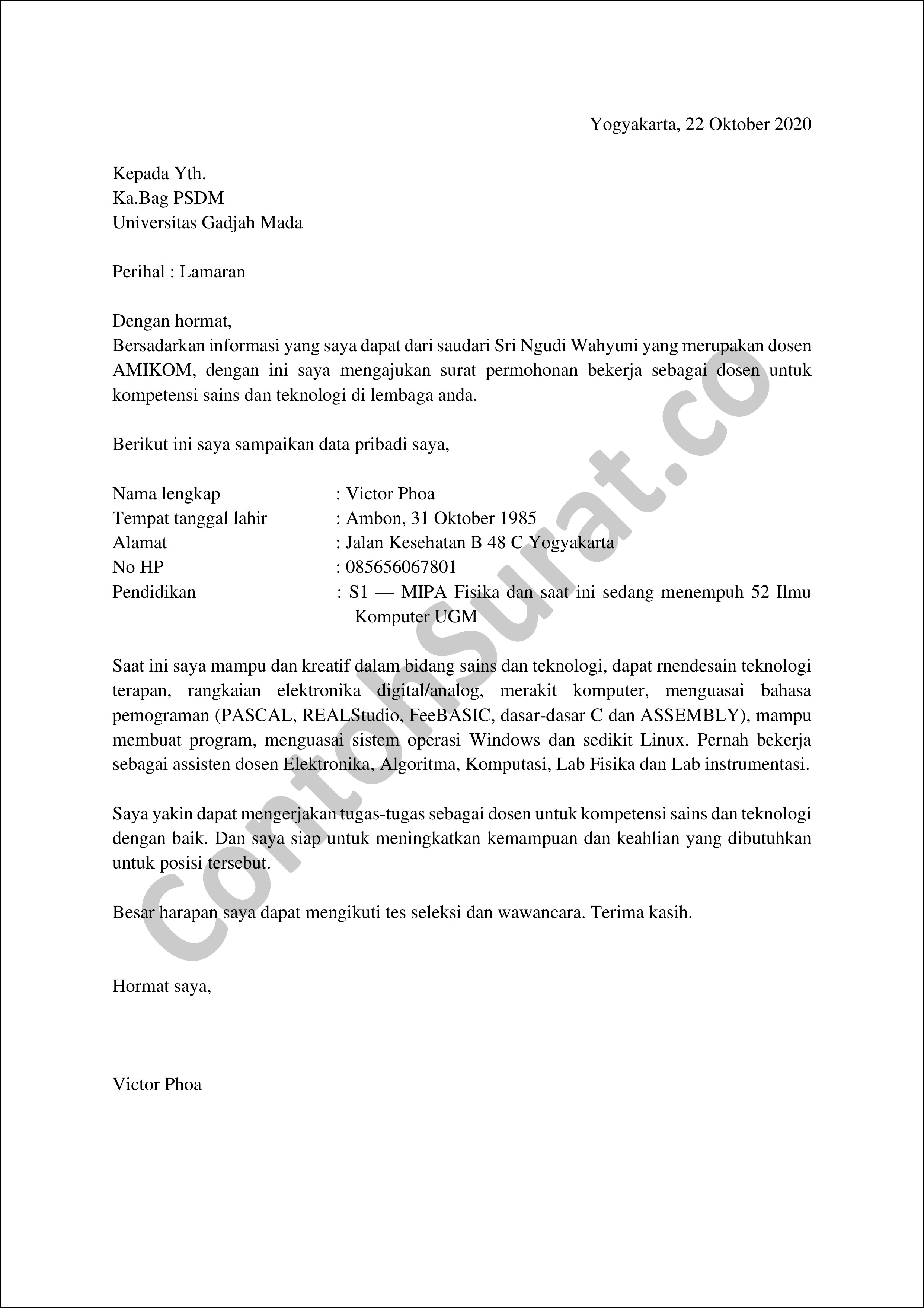 Contoh Surat Lamaran Dosen Di Universitas