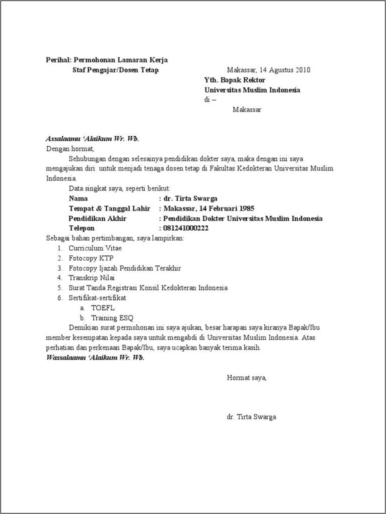 Contoh Surat Lamaran Dosen Tulis Tangan