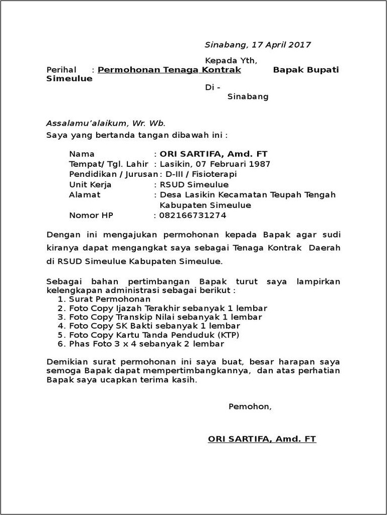 Contoh Surat Lamaran Guru Kontrak Kabupaten