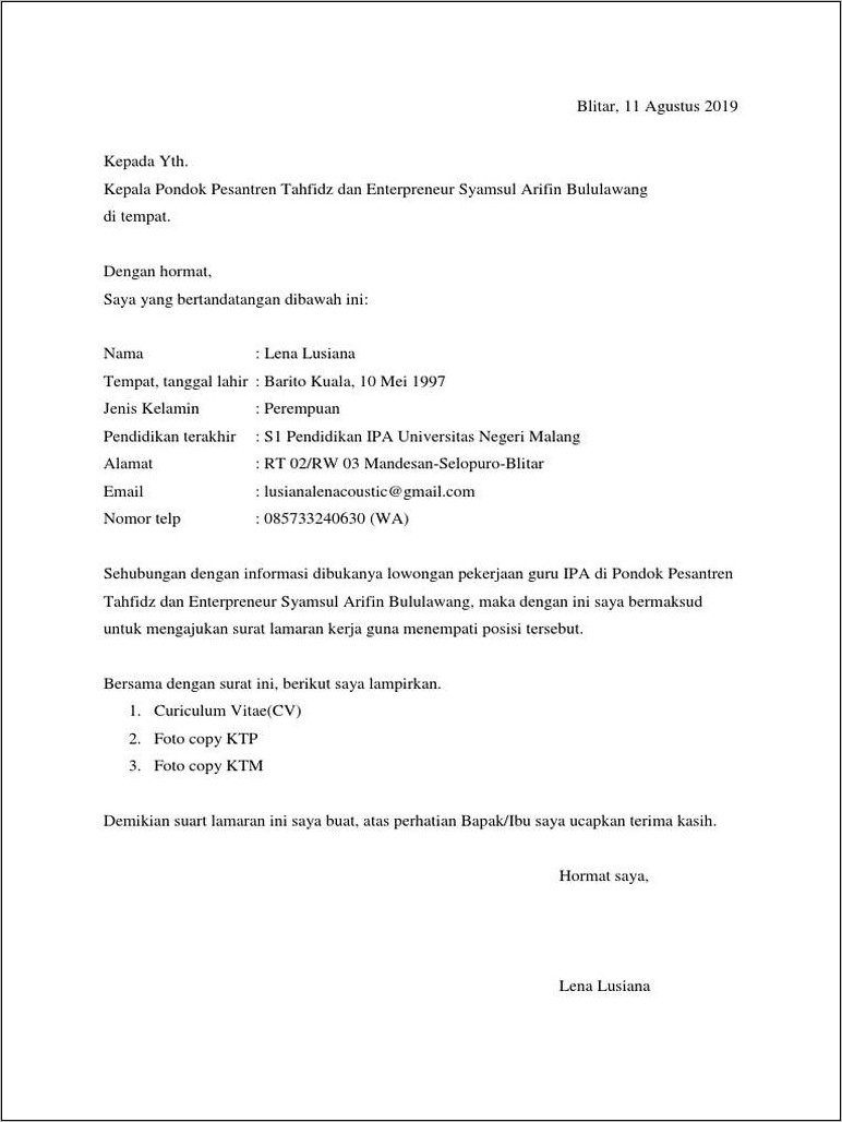 Contoh Surat Lamaran Guru Pondok Pesantren