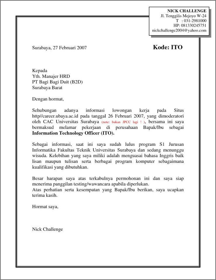 Contoh Surat Lamaran Kerja Bahasa Inggris Teknik Komputer