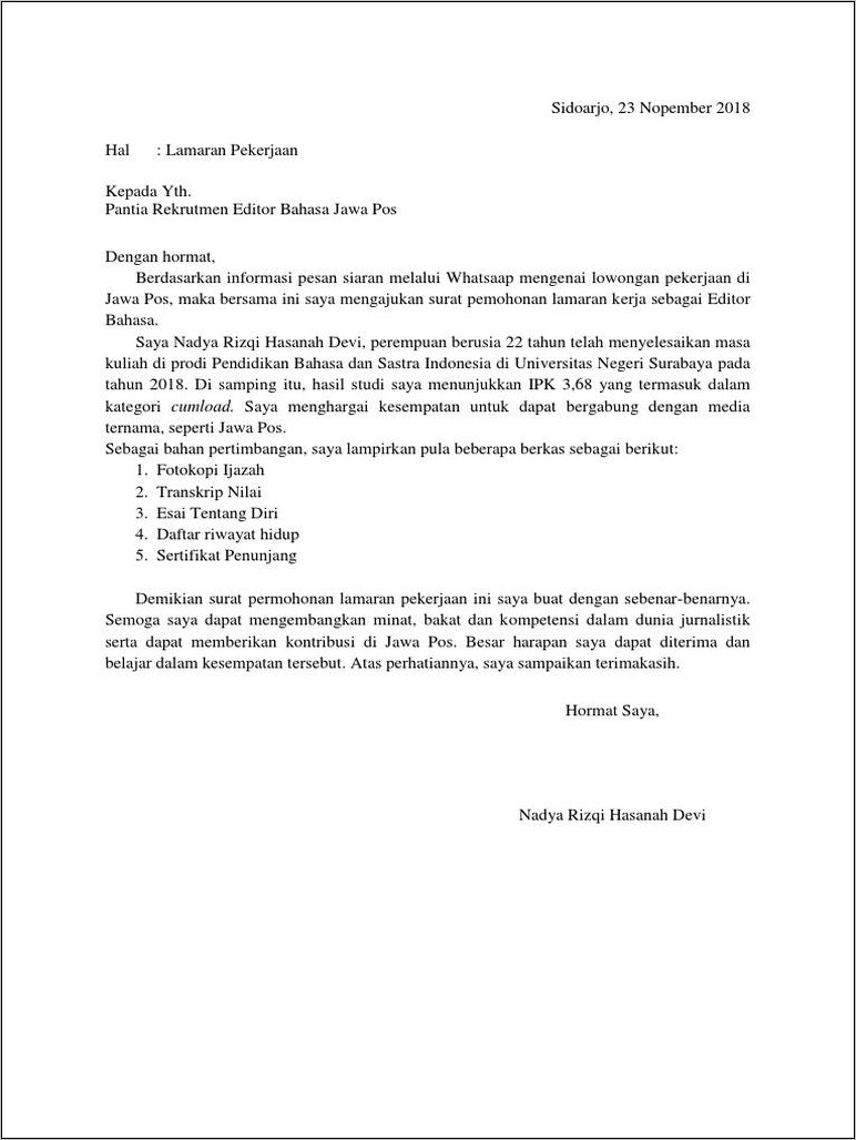 Contoh Surat Lamaran Kerja Bahasa Jawa