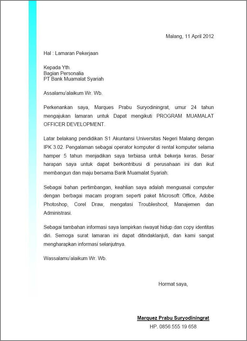 Contoh Surat Lamaran Kerja Bank Bri Sebagai Frontliner