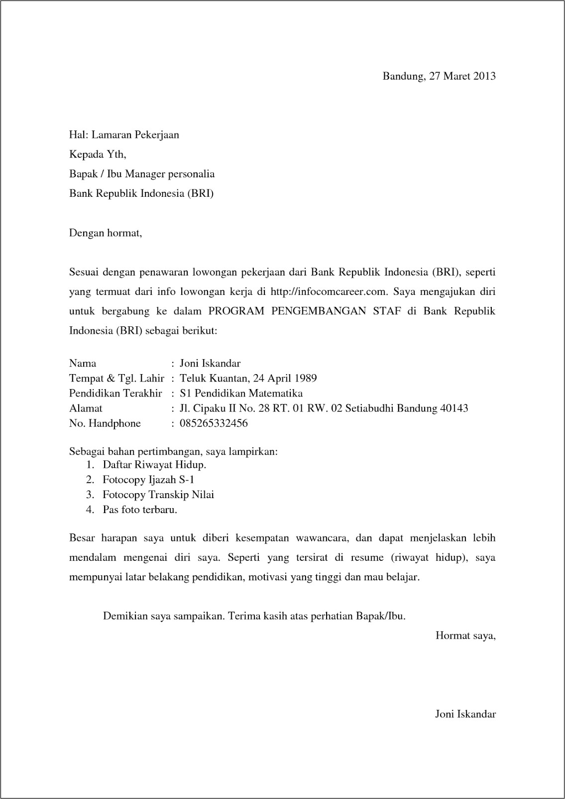 Contoh Surat Lamaran Kerja Bank Btpn