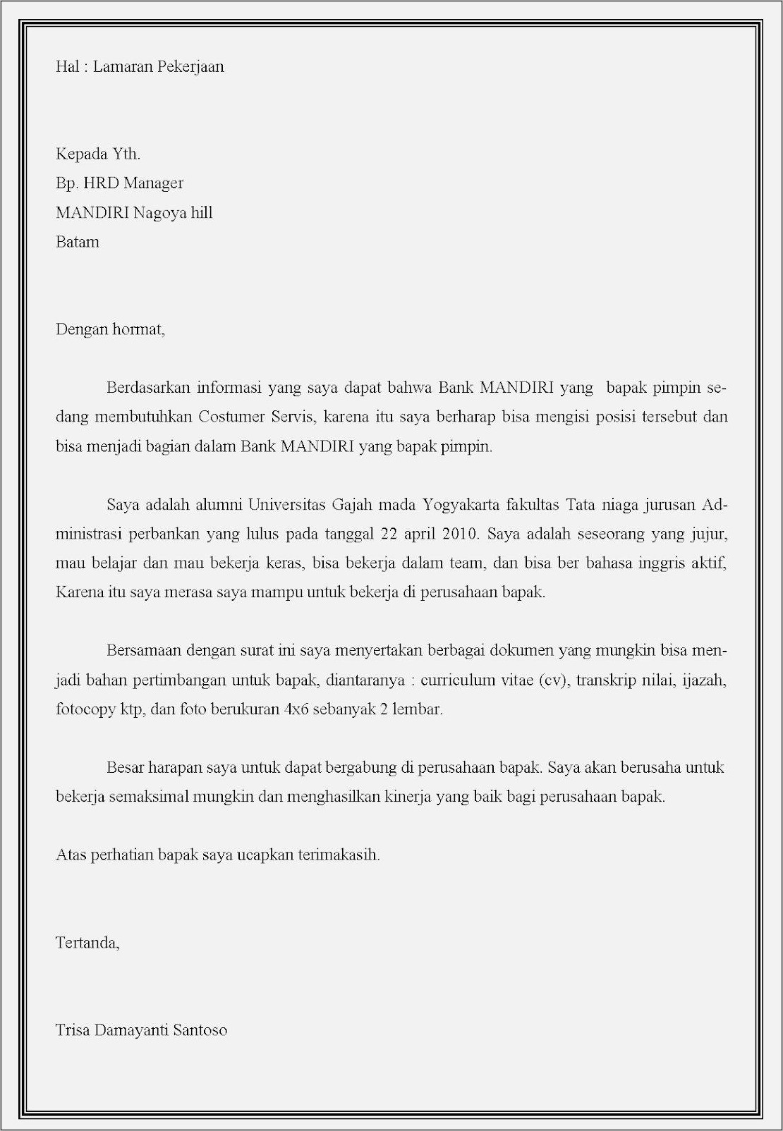 Contoh Surat Lamaran Kerja Bank Mandiri Taspen