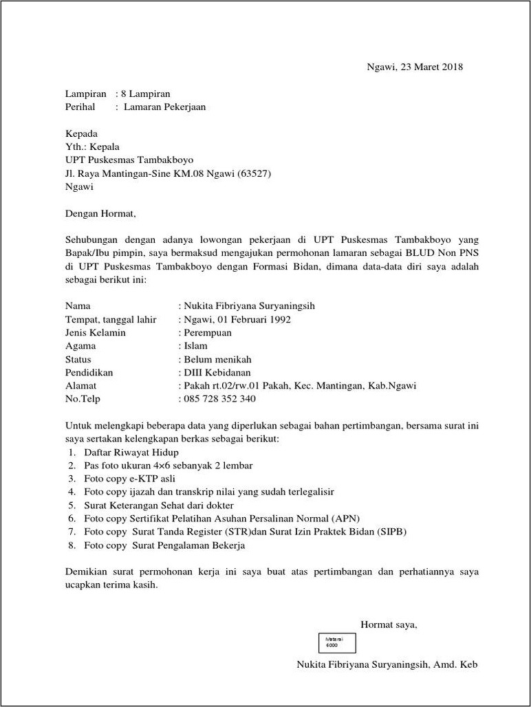 Contoh Surat Lamaran Kerja Bidan Ke Puskesmas