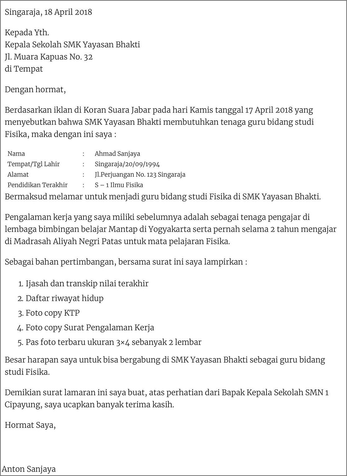 Contoh Surat Lamaran Kerja Bidang Pendidikan