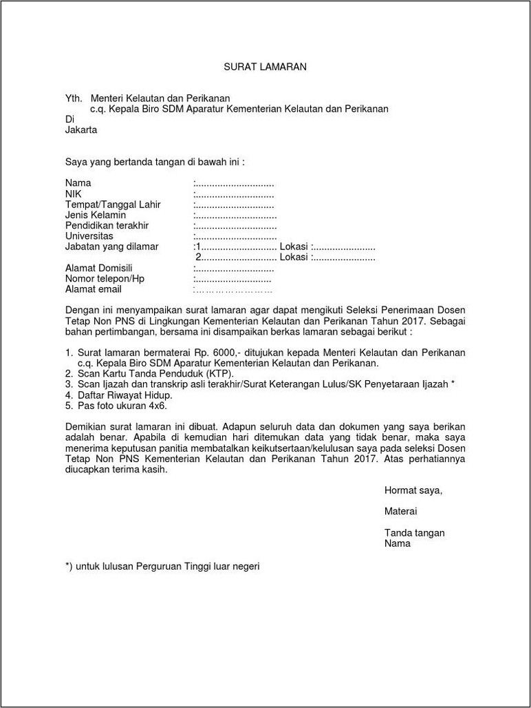 Contoh Surat Lamaran Kerja Cpns 2017