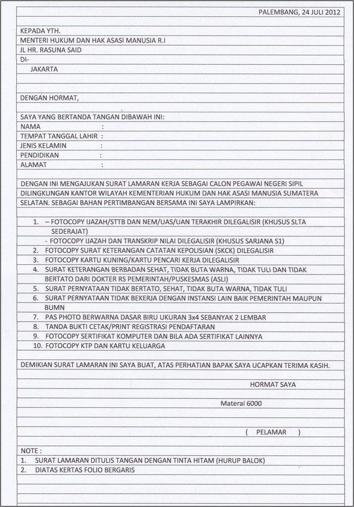 Contoh Surat Lamaran Kerja Cpns Ditulis Tangan 2014