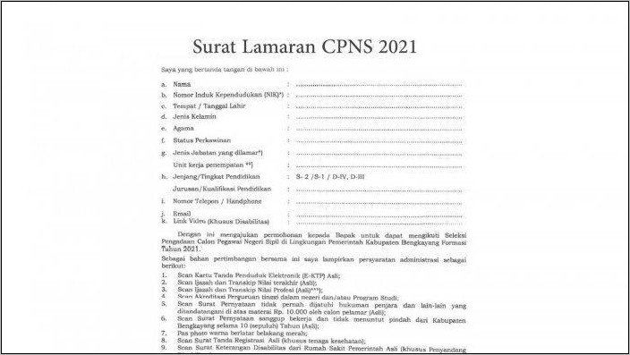 Contoh Surat Lamaran Kerja Cpns Pemda