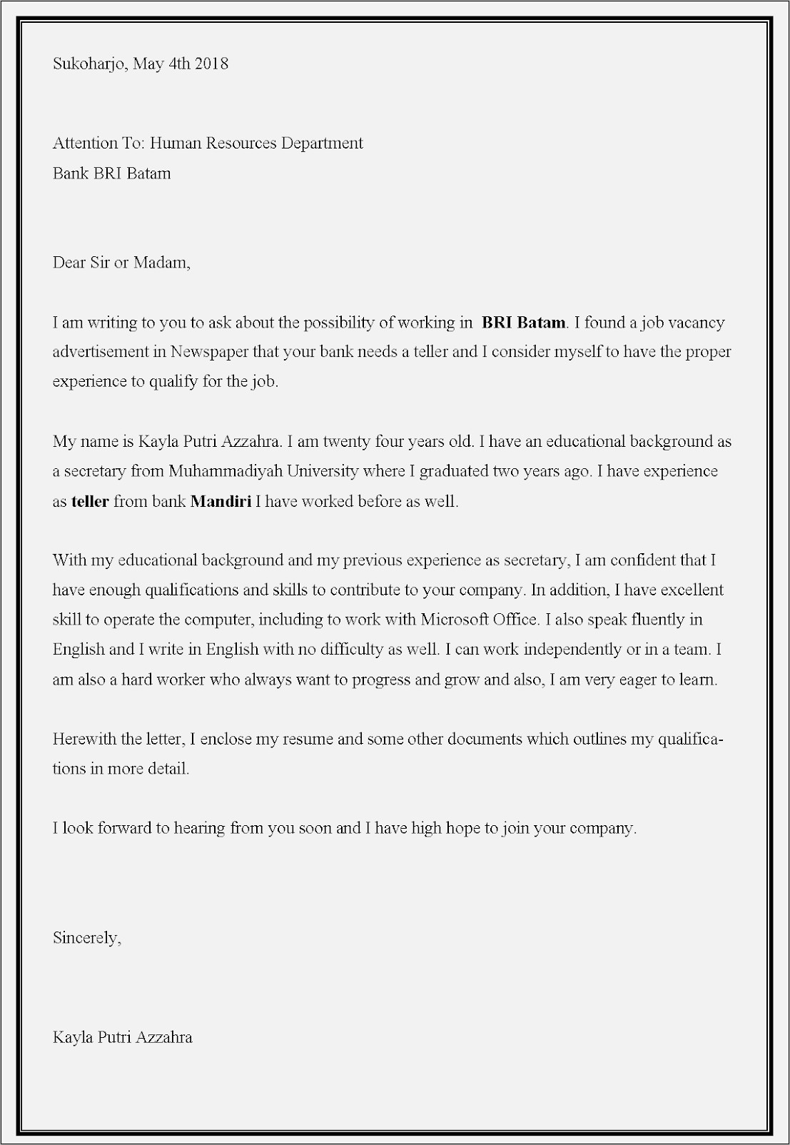 Contoh Surat Lamaran Kerja Di Bank Dalam Bahasa Inggris