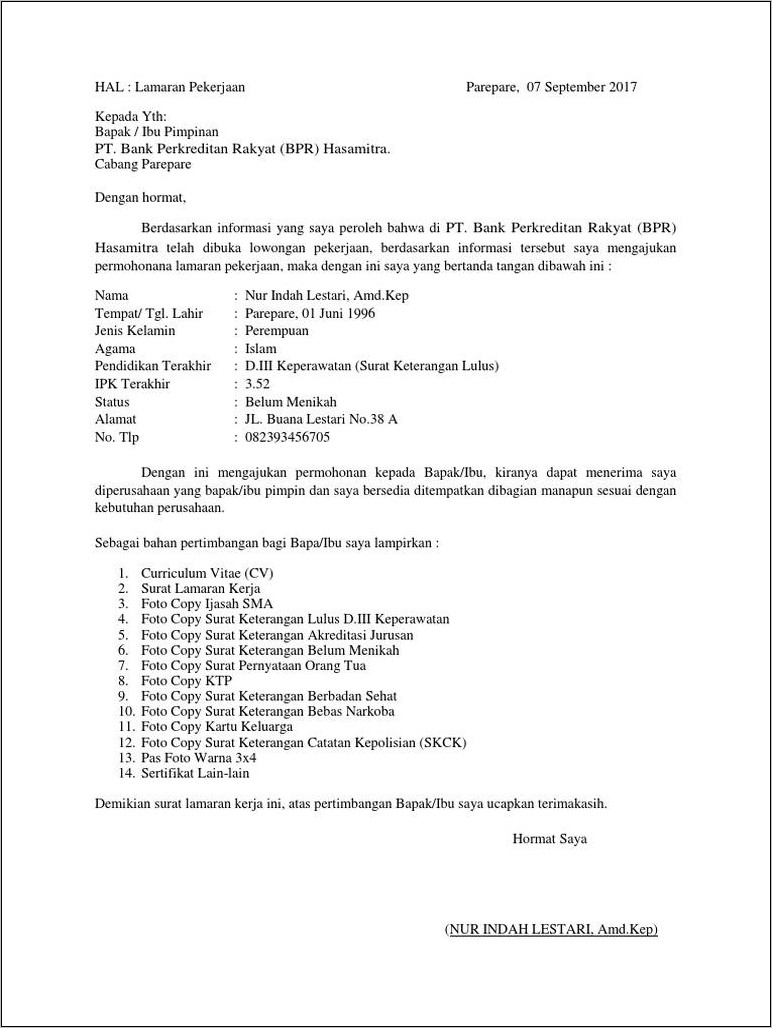 Contoh Surat Lamaran Kerja Di Bank Sulselbar