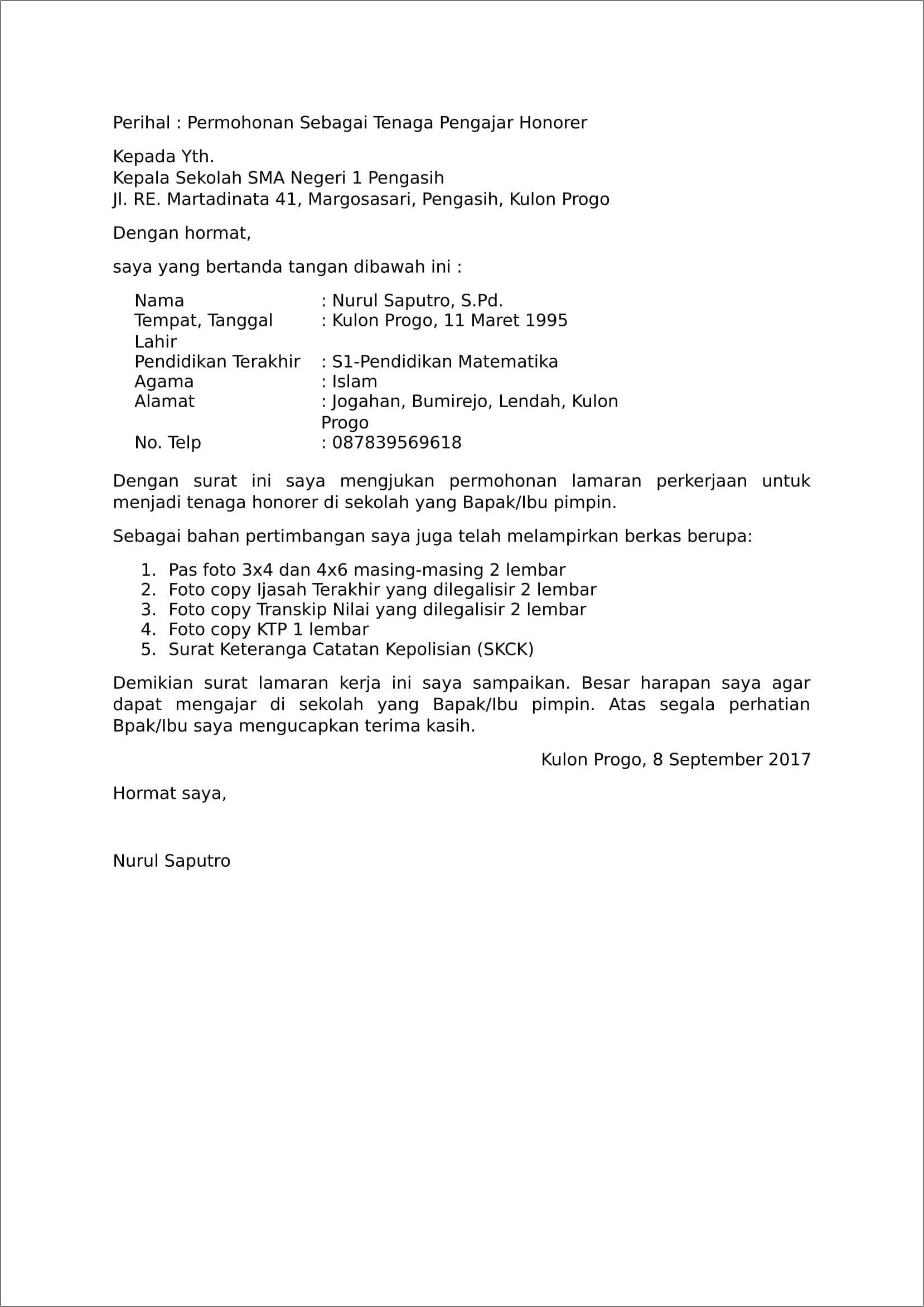 Contoh Surat Lamaran Kerja Di Instansi Pendidikan