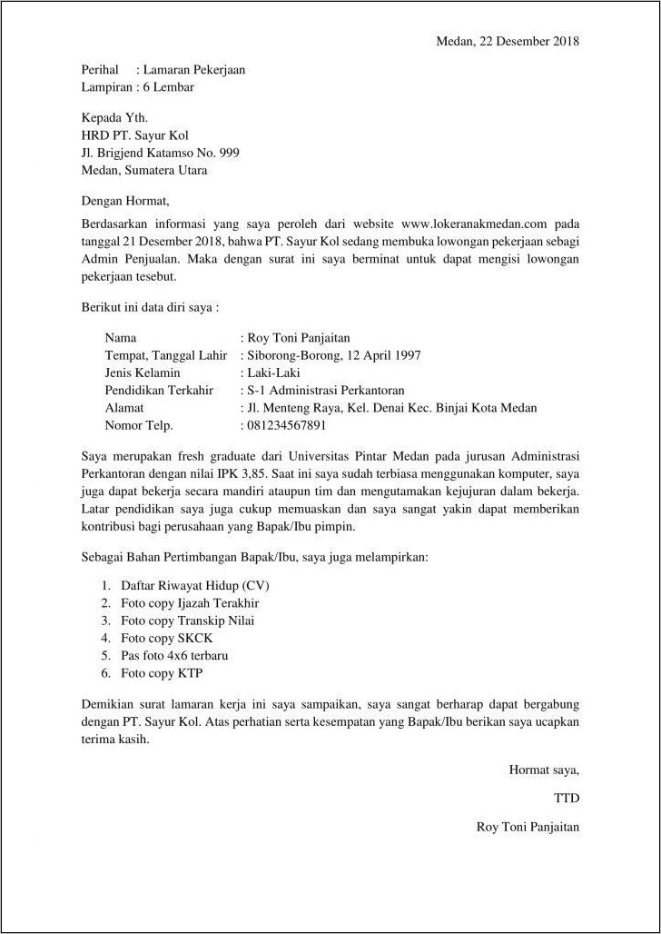 Contoh Surat Lamaran Kerja Di Kantor Depag