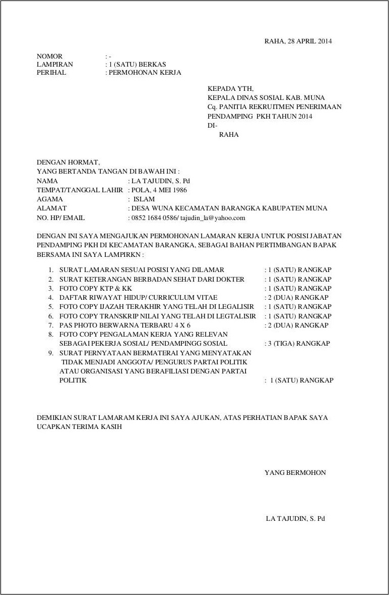 Contoh Surat Lamaran Kerja Di Kantor Dinas Sosial