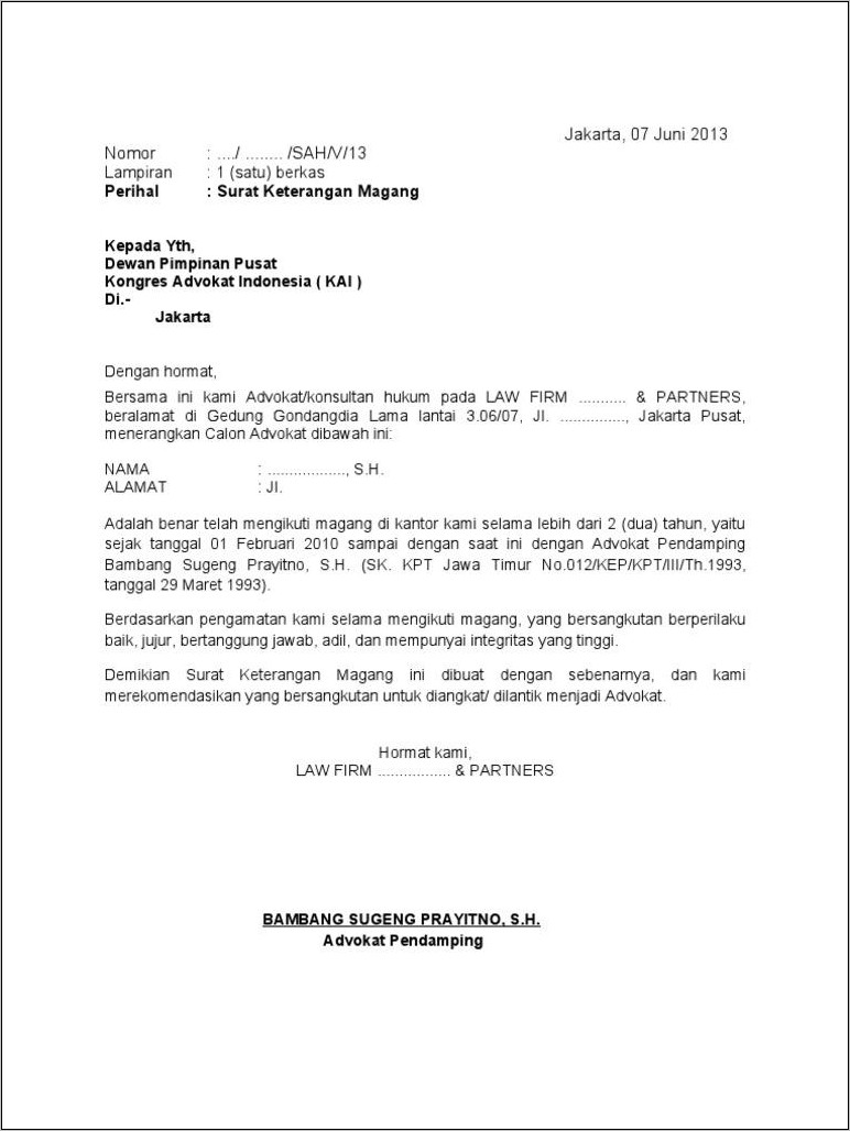 Contoh Surat Lamaran Kerja Di Kantor Pengacara