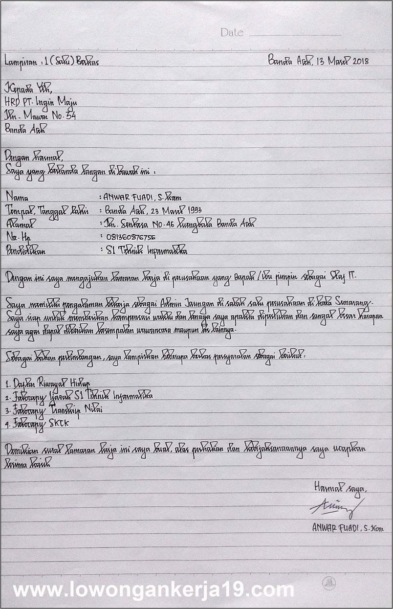 Contoh Surat Lamaran Kerja Di Kertas Folio