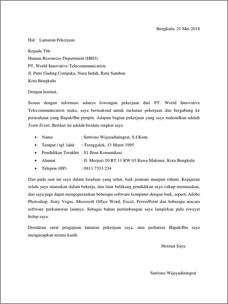 Contoh Surat Lamaran Kerja Di Konter Oppo