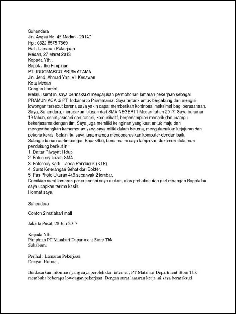 Contoh Surat Lamaran Kerja Di Matahari Sebagai Kasir