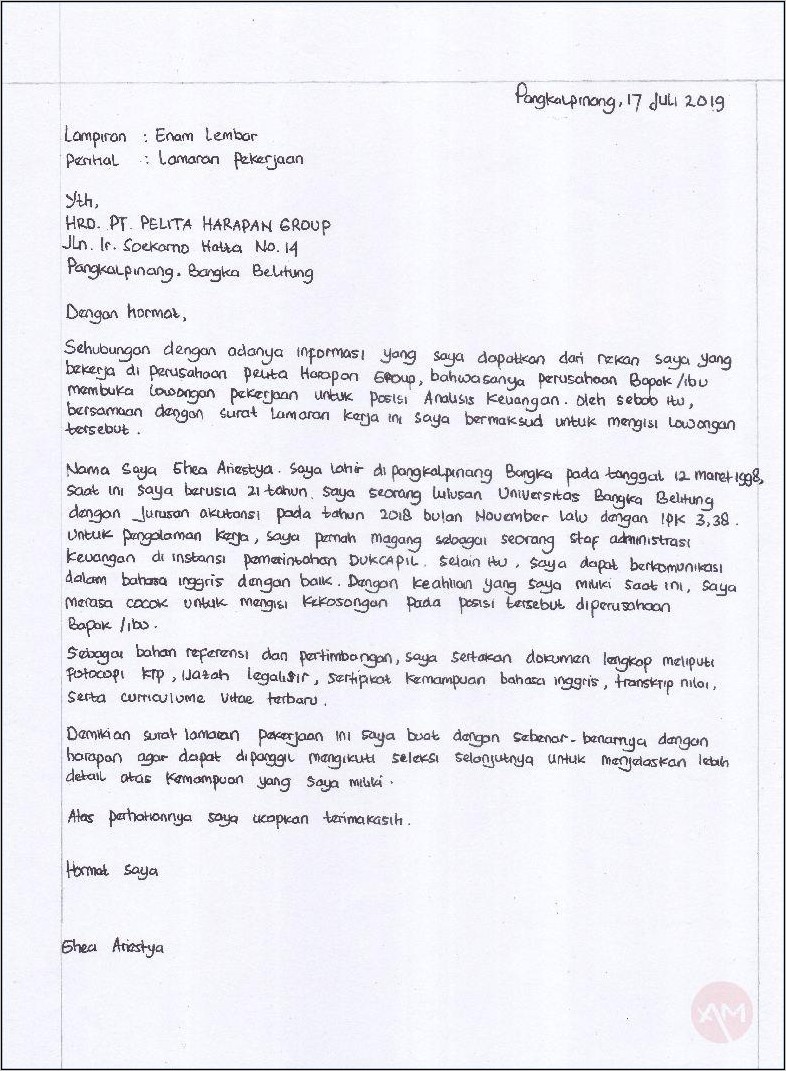 Contoh Surat Lamaran Kerja Di Pos Indonesia