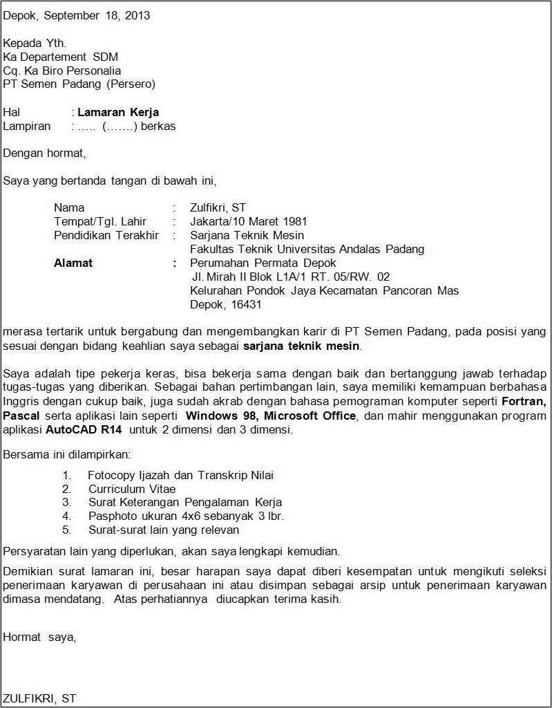 Contoh Surat Lamaran Kerja Di Pt Freeport