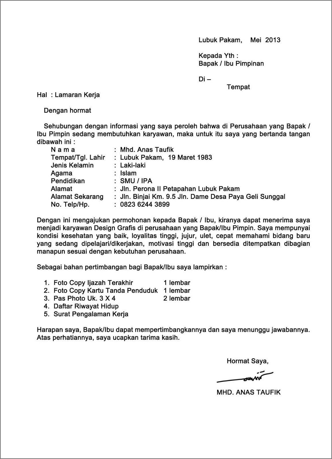 Contoh Surat Lamaran Kerja Di Pt Honda