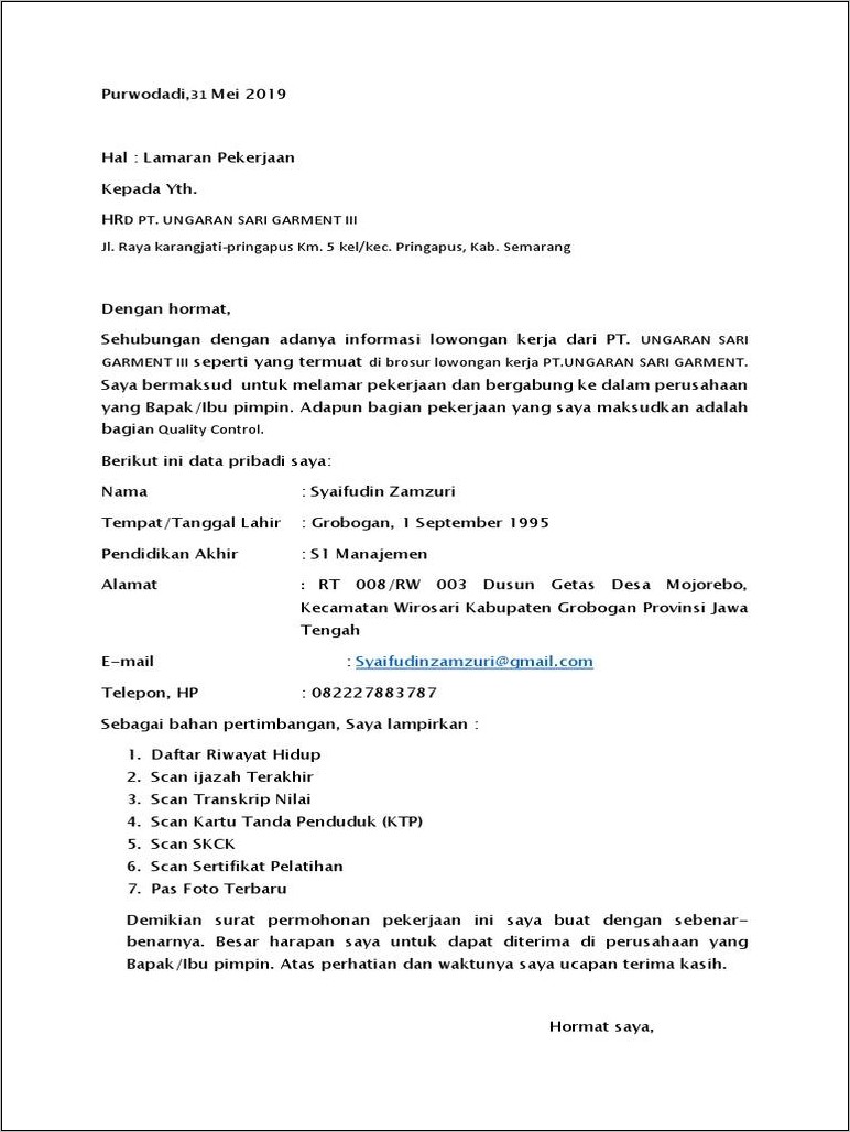 Contoh Surat Lamaran Kerja Di Pt Siantar Top