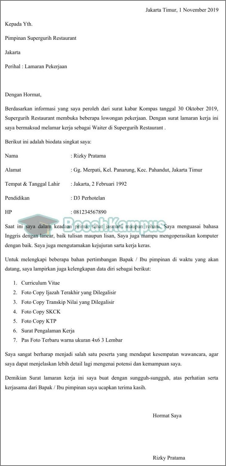 Contoh Surat Lamaran Kerja Di Restoran Sebagai Waiters