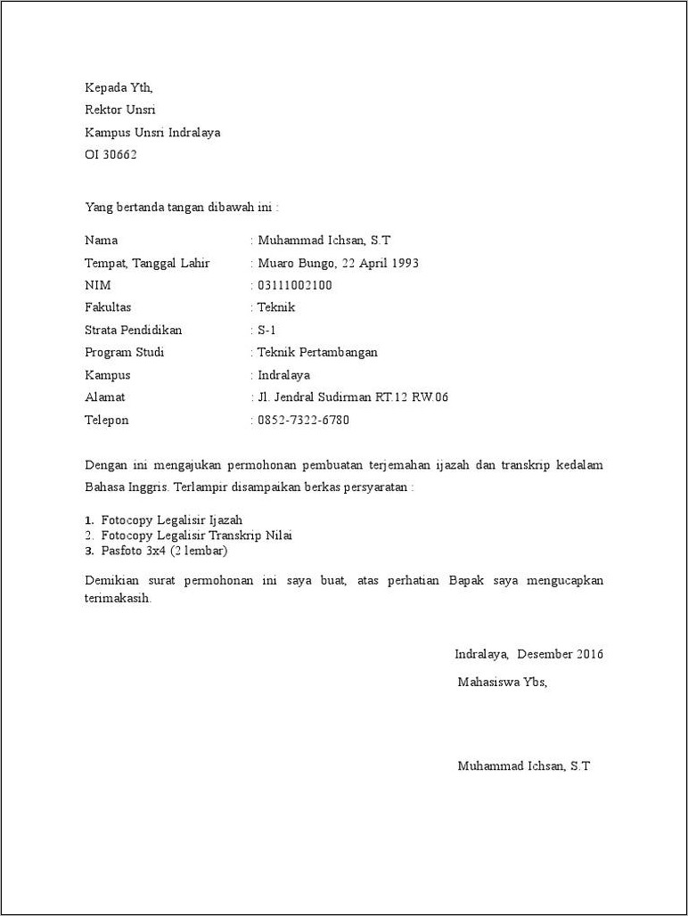 Contoh Surat Lamaran Kerja Di Tambang