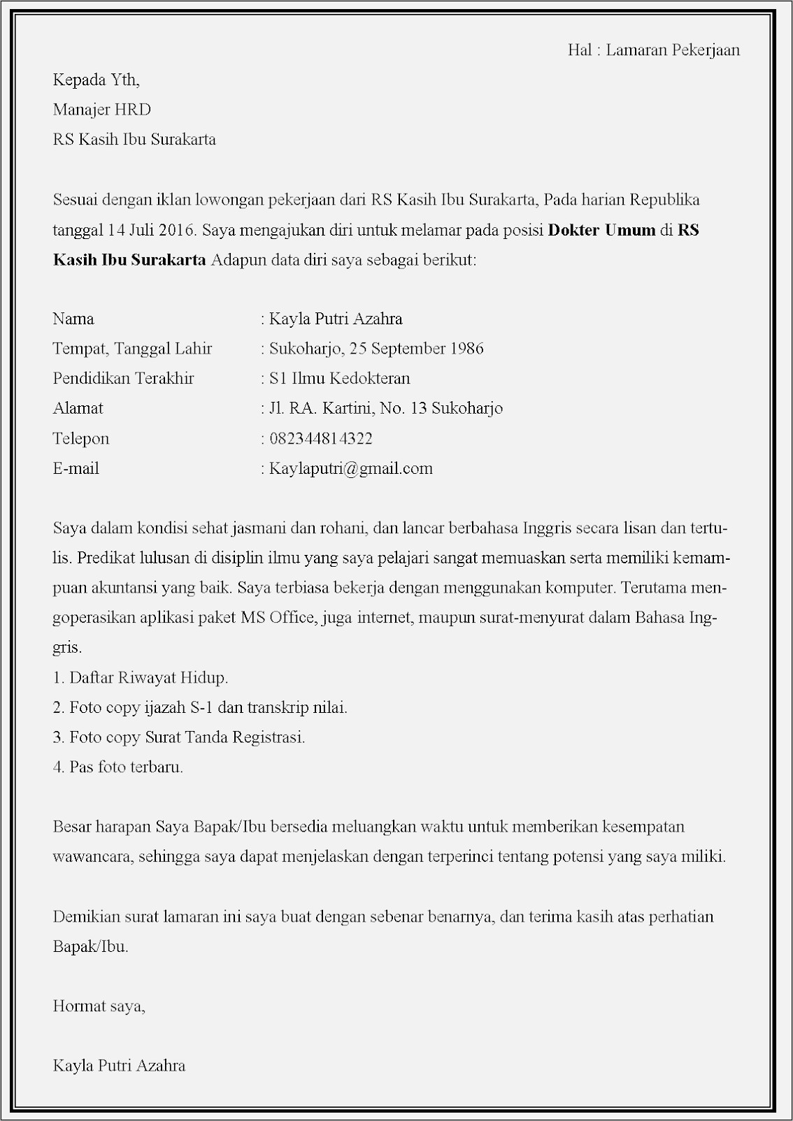 Contoh Surat Lamaran Kerja Dokter Dalam Bahasa Inggris