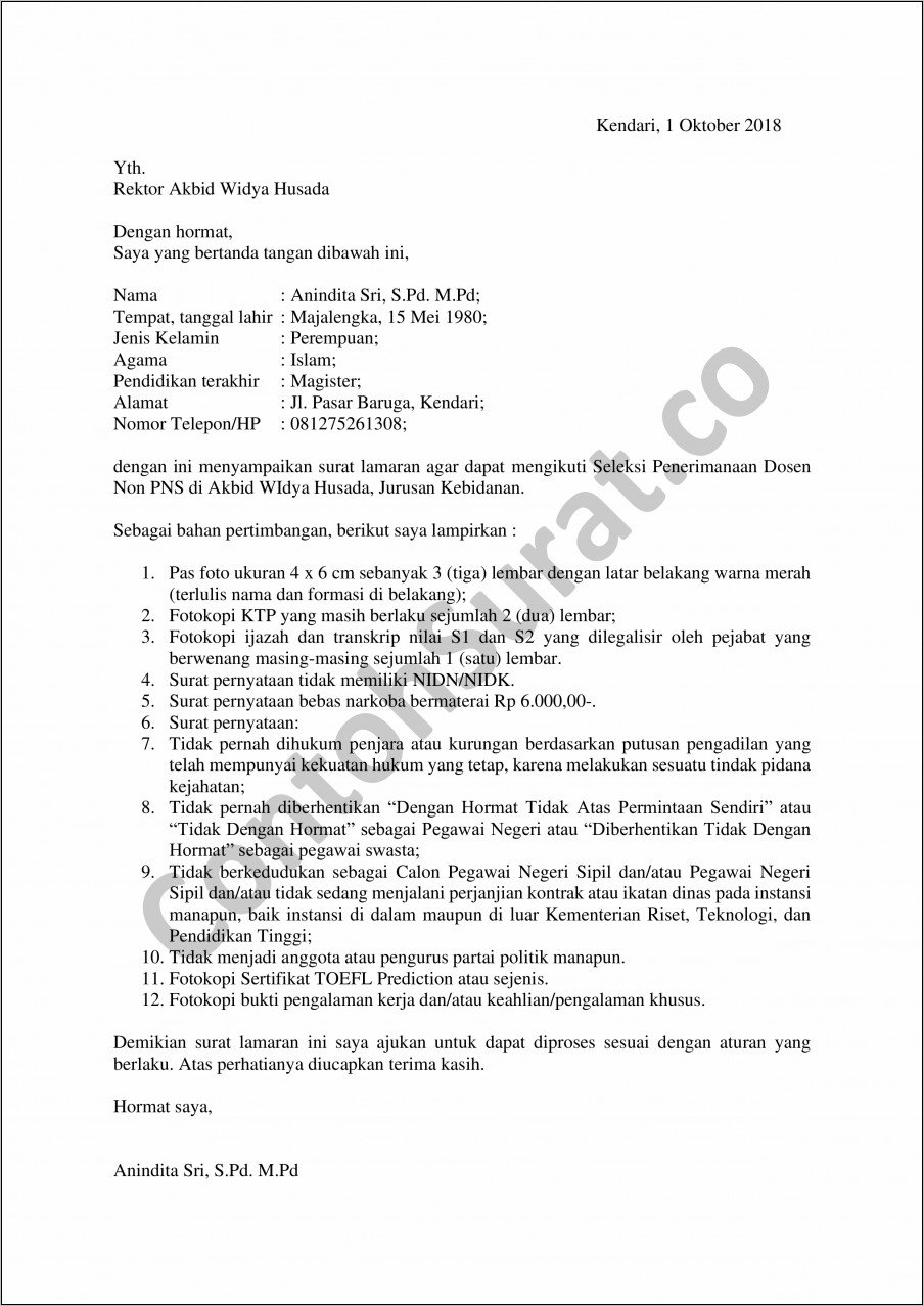 Contoh Surat Lamaran Kerja Dosen Kebidanan