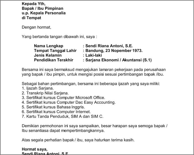 Contoh Surat Lamaran Kerja Driver Bahasa Inggris