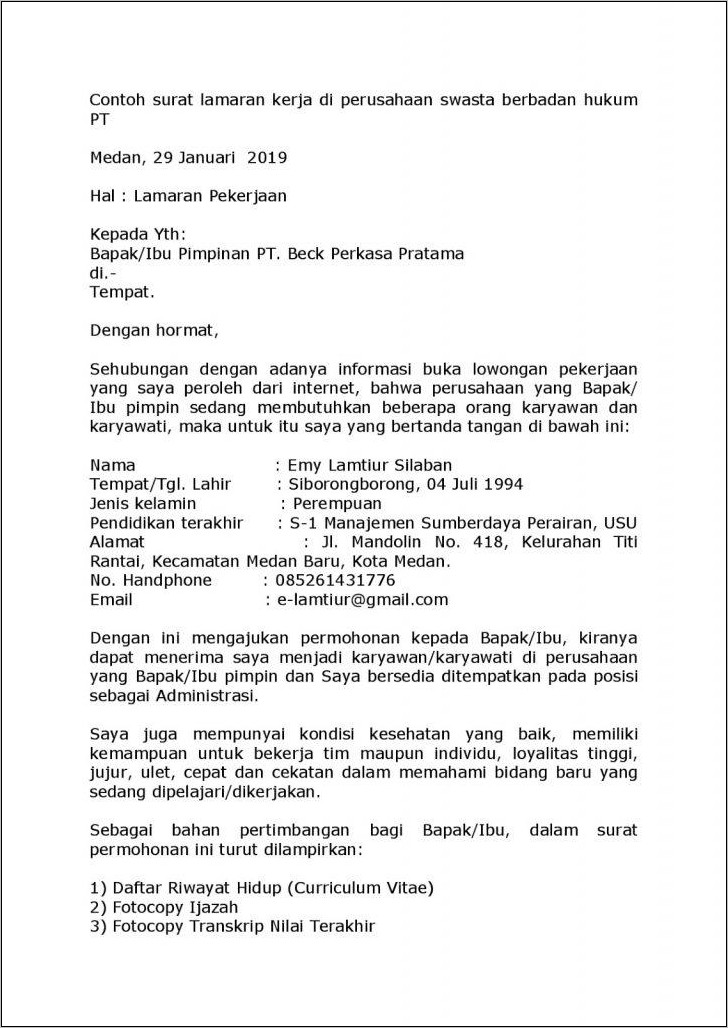 Contoh Surat Lamaran Kerja Honorer Di Kecamatan