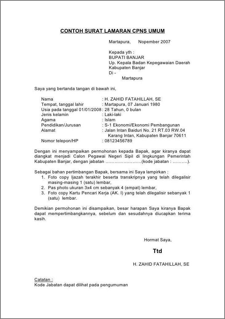 Contoh Surat Lamaran Kerja Honorer Instansi Pemerintah