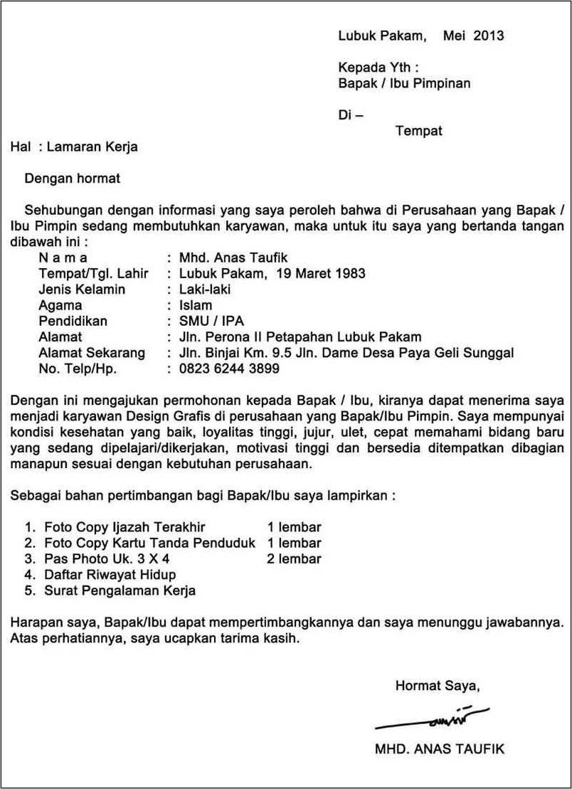 Contoh Surat Lamaran Kerja Iklan