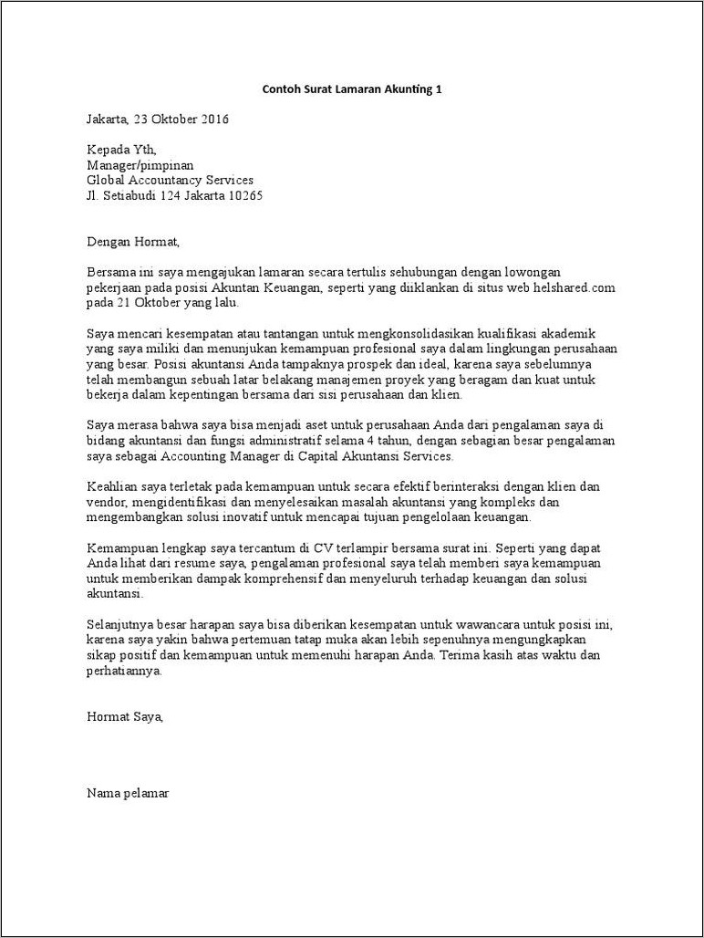 Contoh Surat Lamaran Kerja Jurusan Akuntansi
