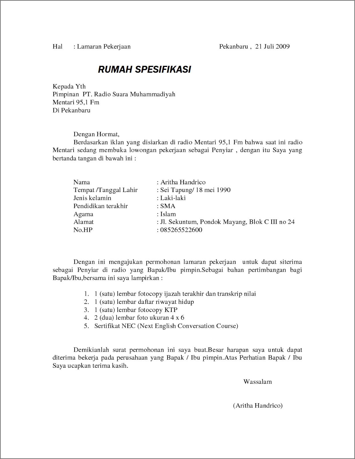 Contoh Surat Lamaran Kerja Kantor