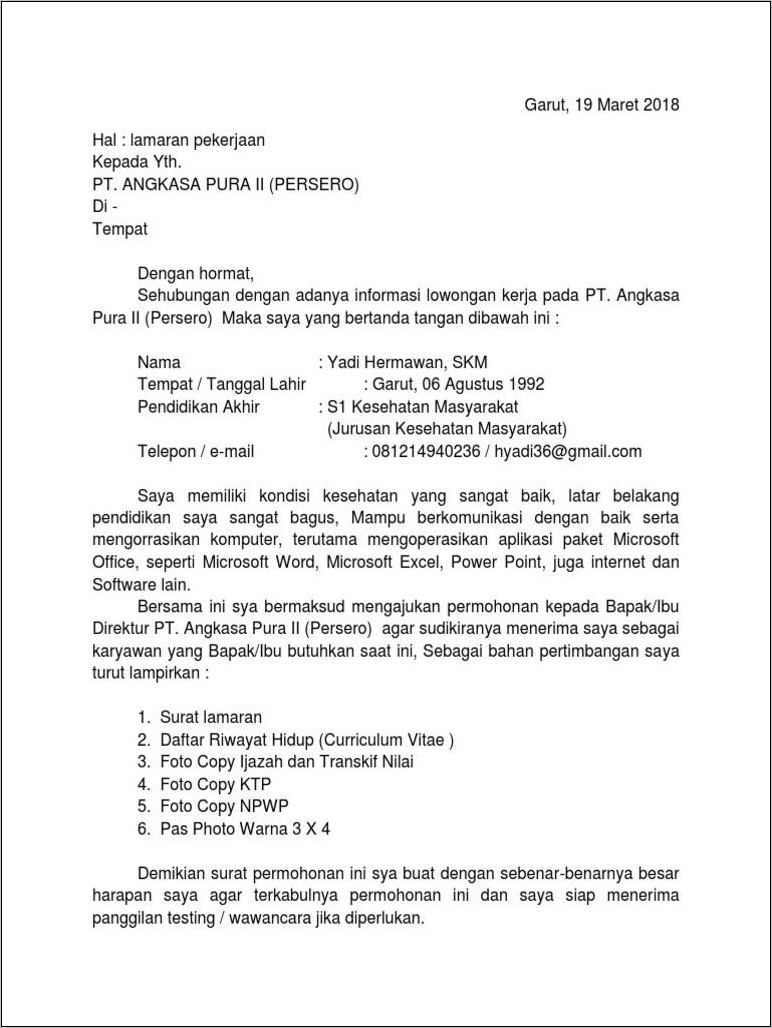 Contoh Surat Lamaran Kerja Ke Angkasa Pura