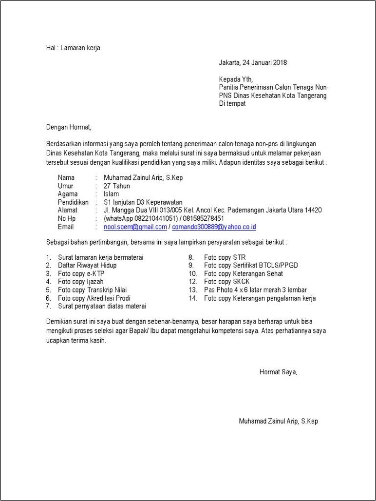 Contoh Surat Lamaran Kerja Ke Dinas Lingkungan Hidup