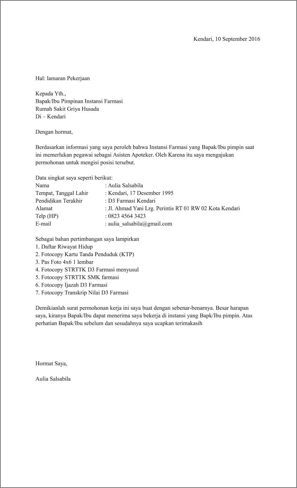 Contoh Surat Lamaran Kerja Ke Griya