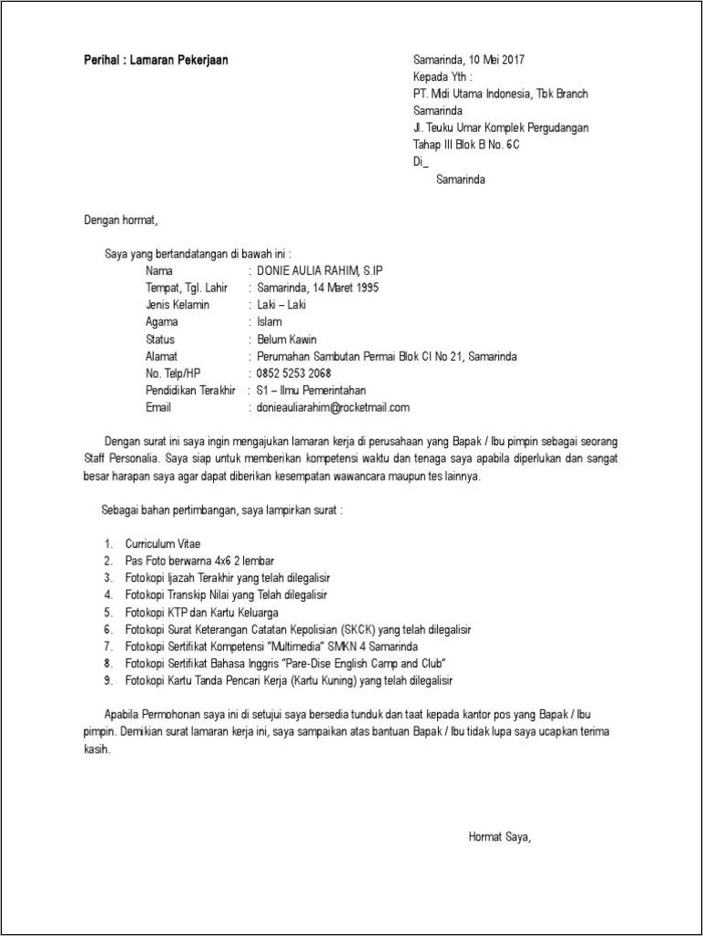 Contoh Surat Lamaran Kerja Ke Kantor Pos